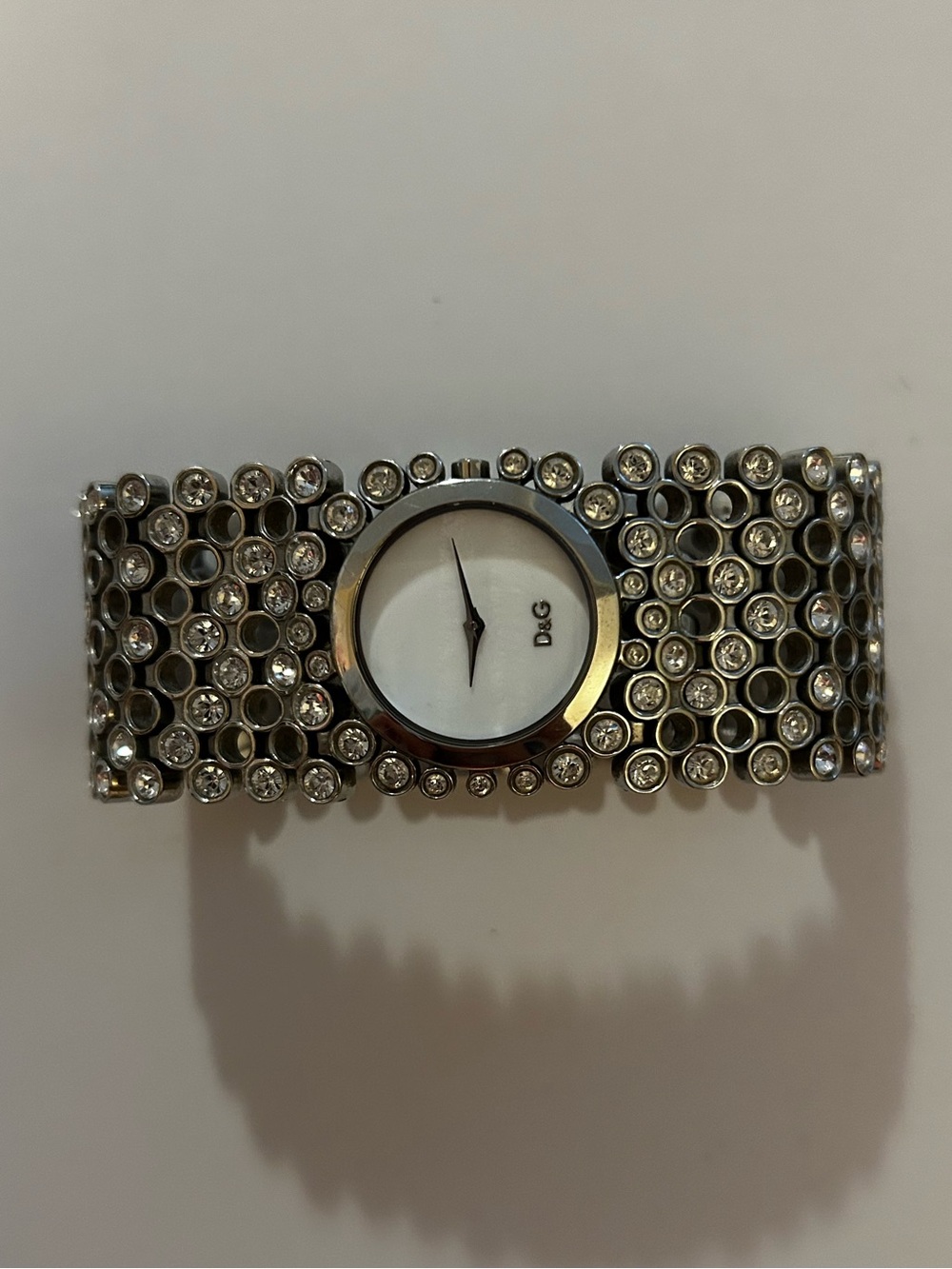 D&G Silver Crystal-Stud Bracelet Watch with White Dial